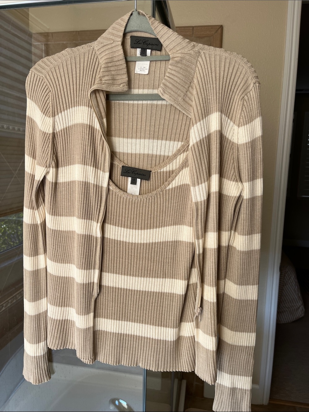 Les Copains Beige and Cream Striped Ribbed Cardigan & Tank Set